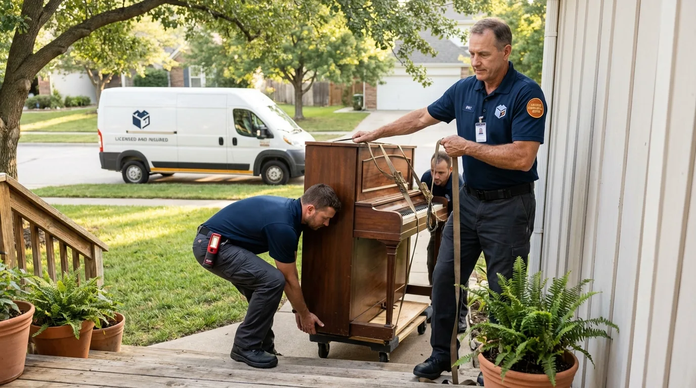 Licensed piano movers securing grand piano in Littlestown, PA