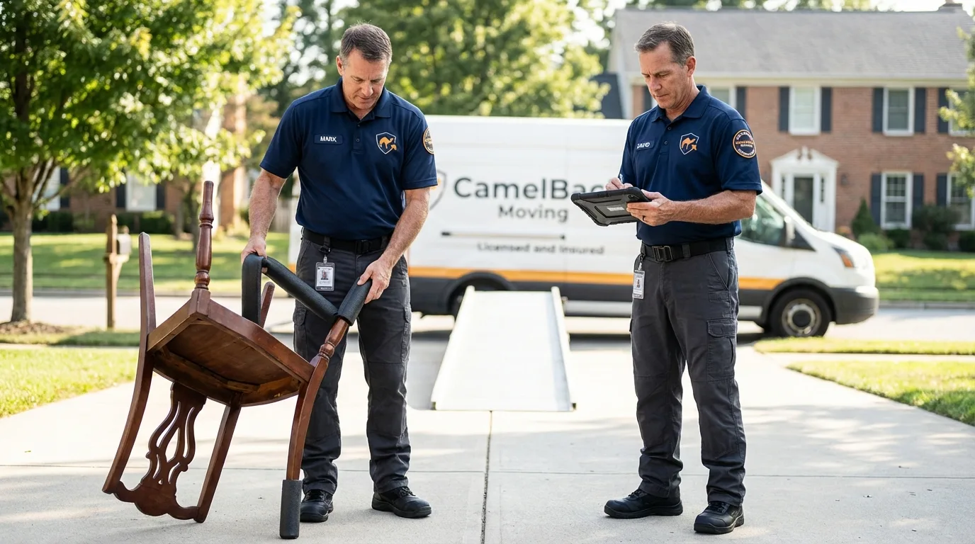 Movers inspecting furniture for damage prevention before loading in Littlestown, PA