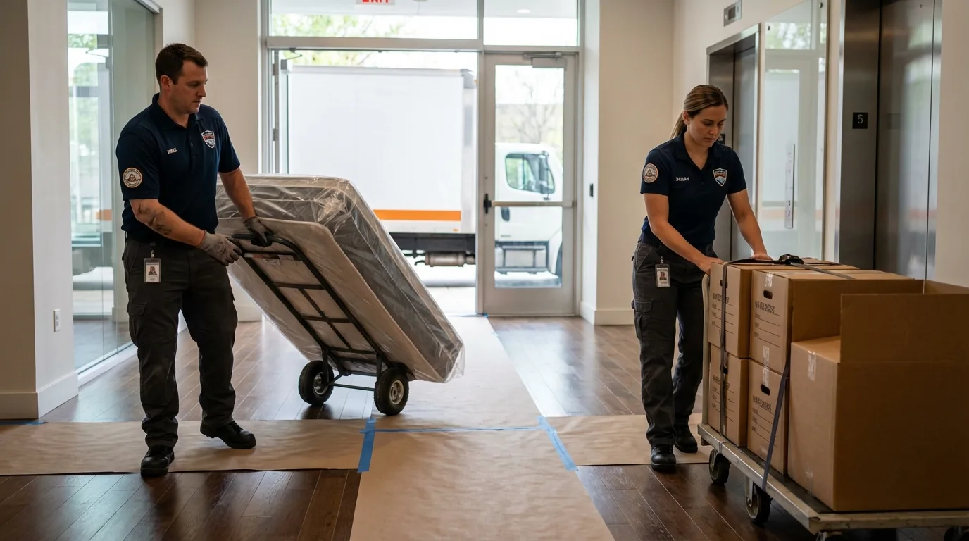 Professional apartment movers loading elevator in Littlestown, PA