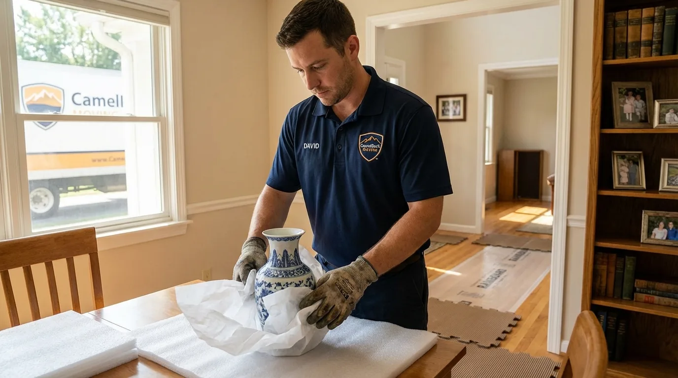 Professional crew carefully wrapping antique vase for senior downsizing move in Littlestown, PA